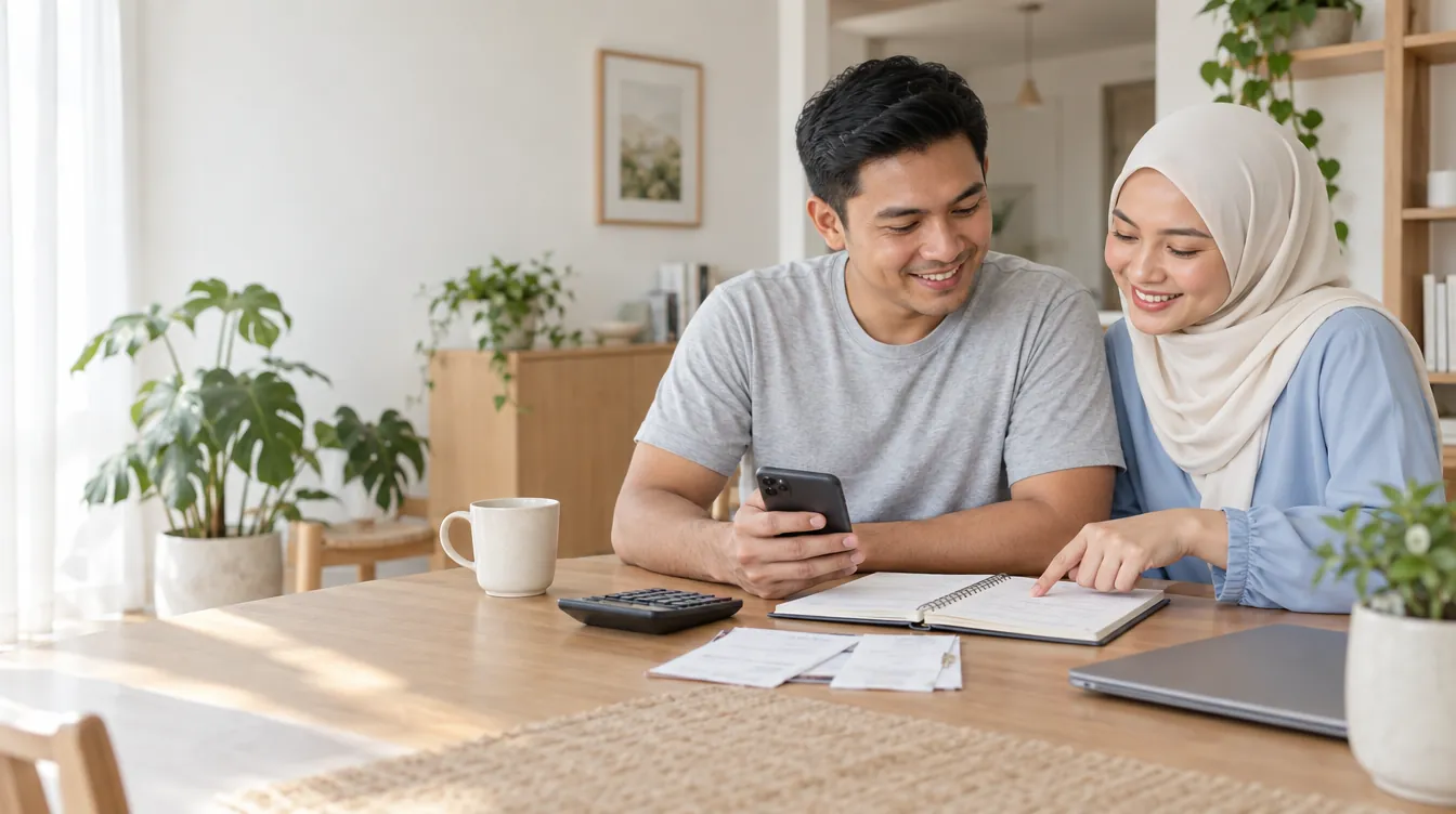 A young couple at their dining table planning their finances together