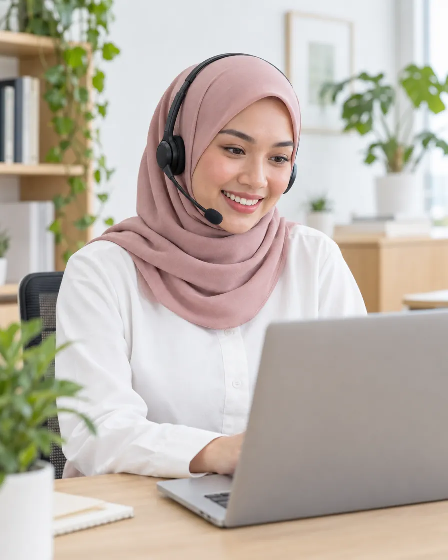 A CoverPal adviser on a headset, smiling as she helps someone