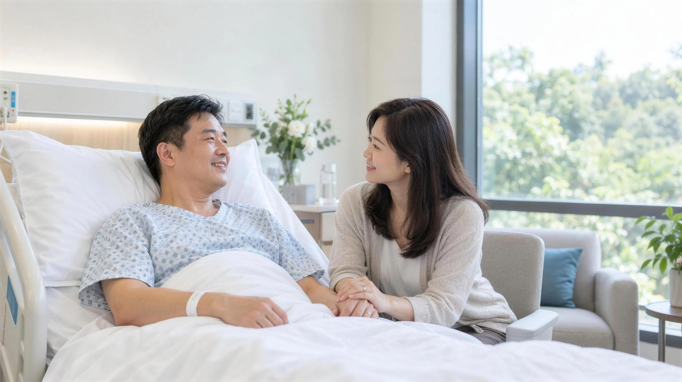 A man recovering in a bright private hospital room, smiling at his wife who holds his hand
