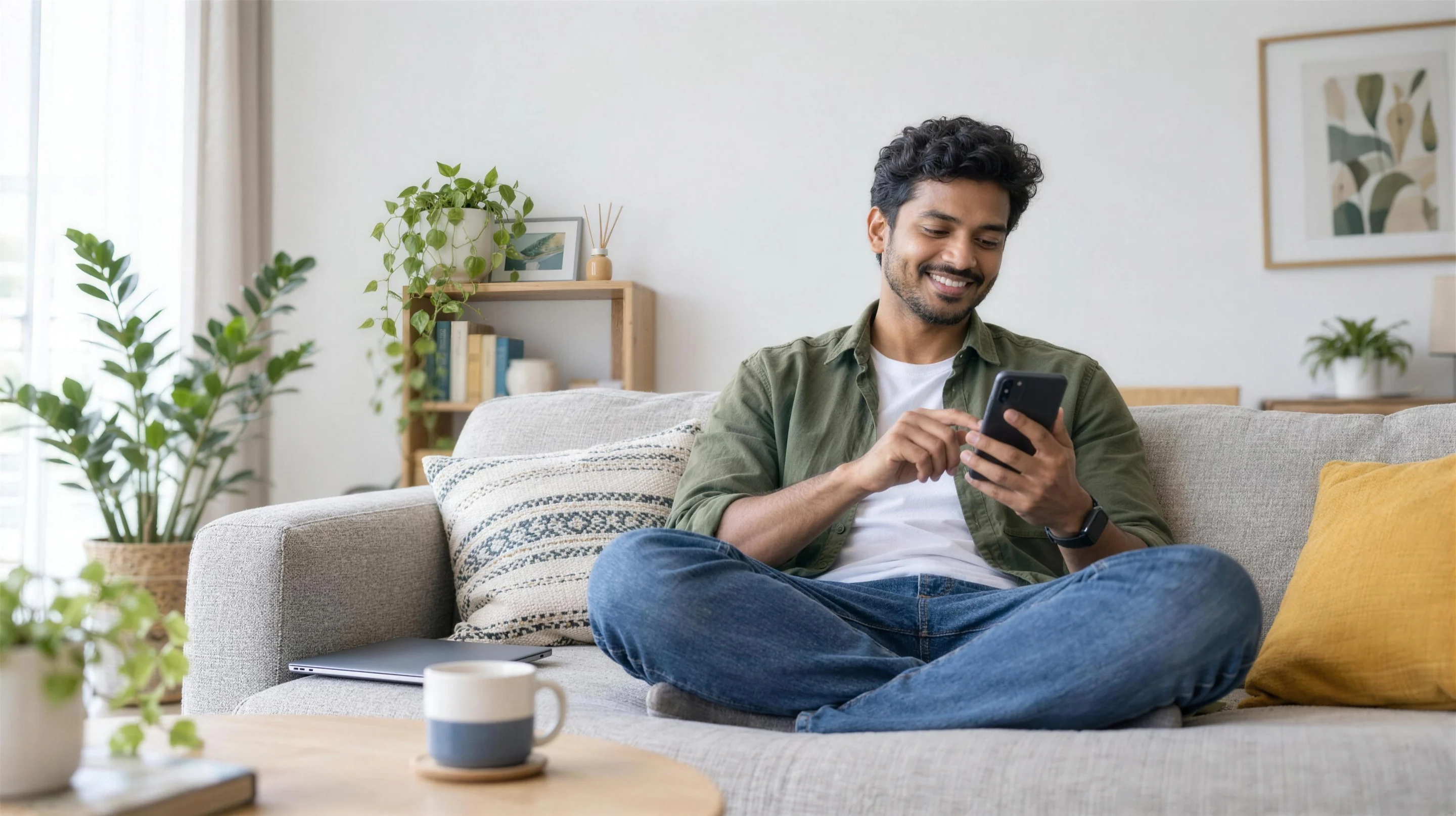 A young man sitting on his sofa smiling at his phone as he buys something online