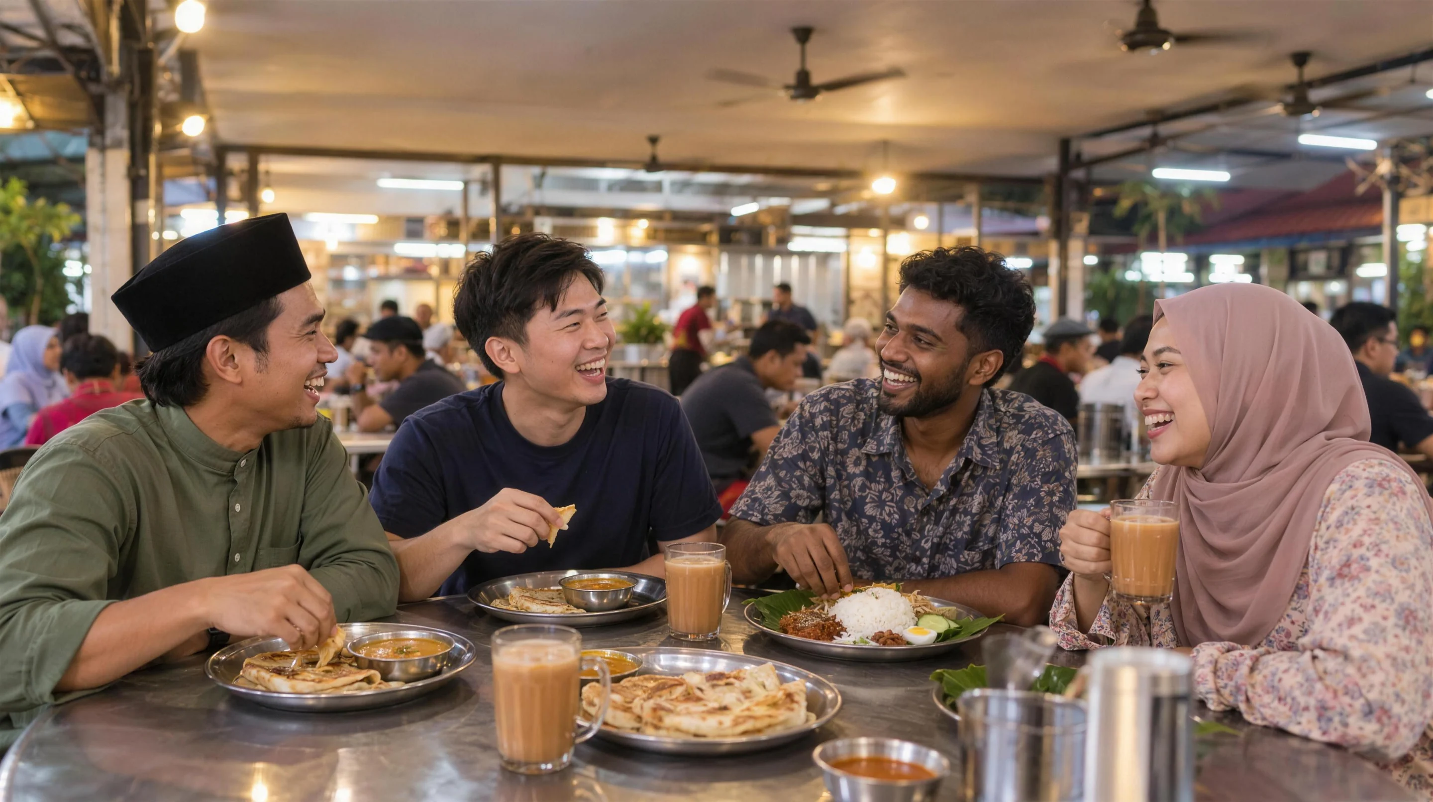 Malay, Chinese and Indian Malaysian friends laughing together over roti canai and teh tarik at a mamak