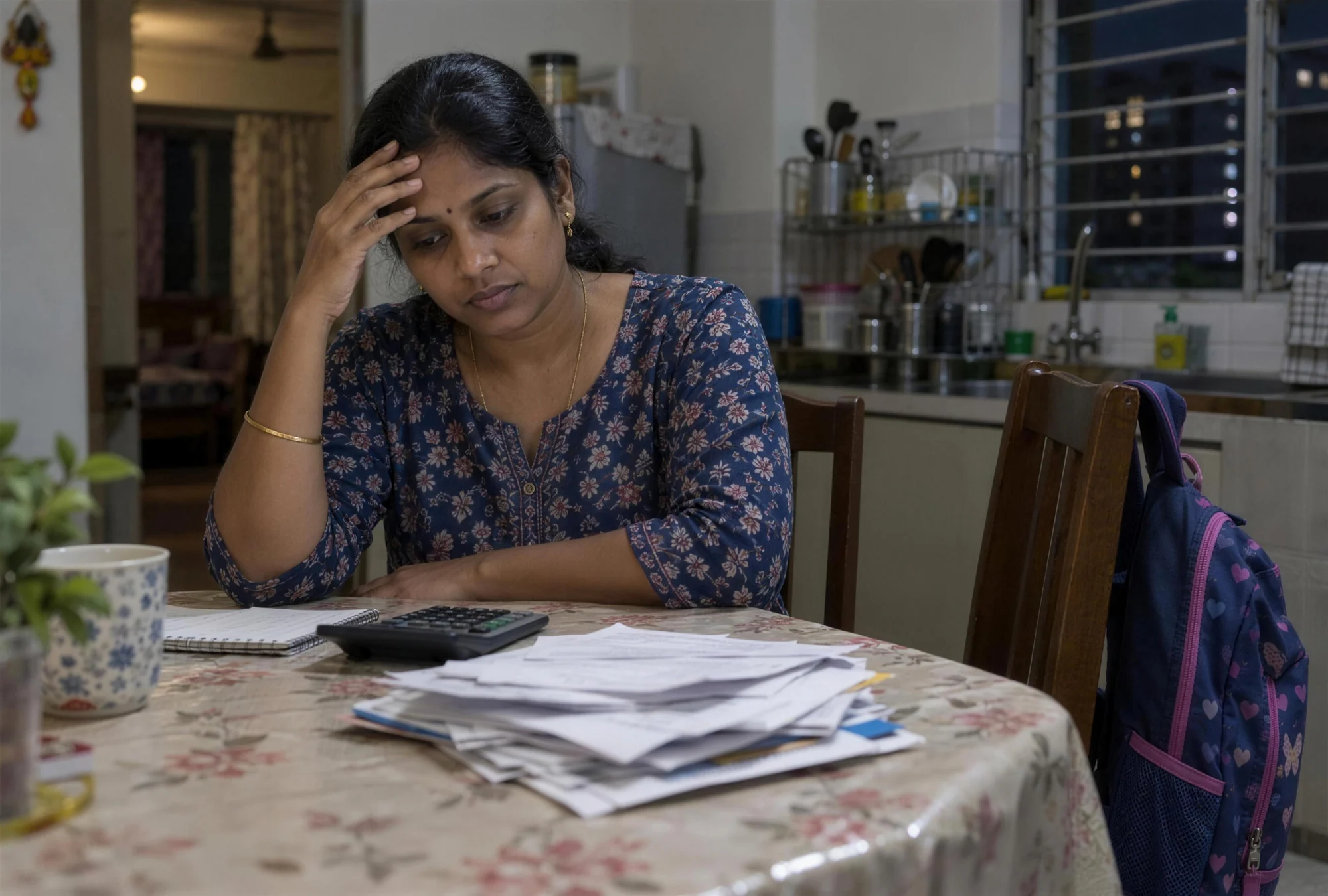 A mother at her kitchen table at night with a pile of bills and a calculator, looking worried