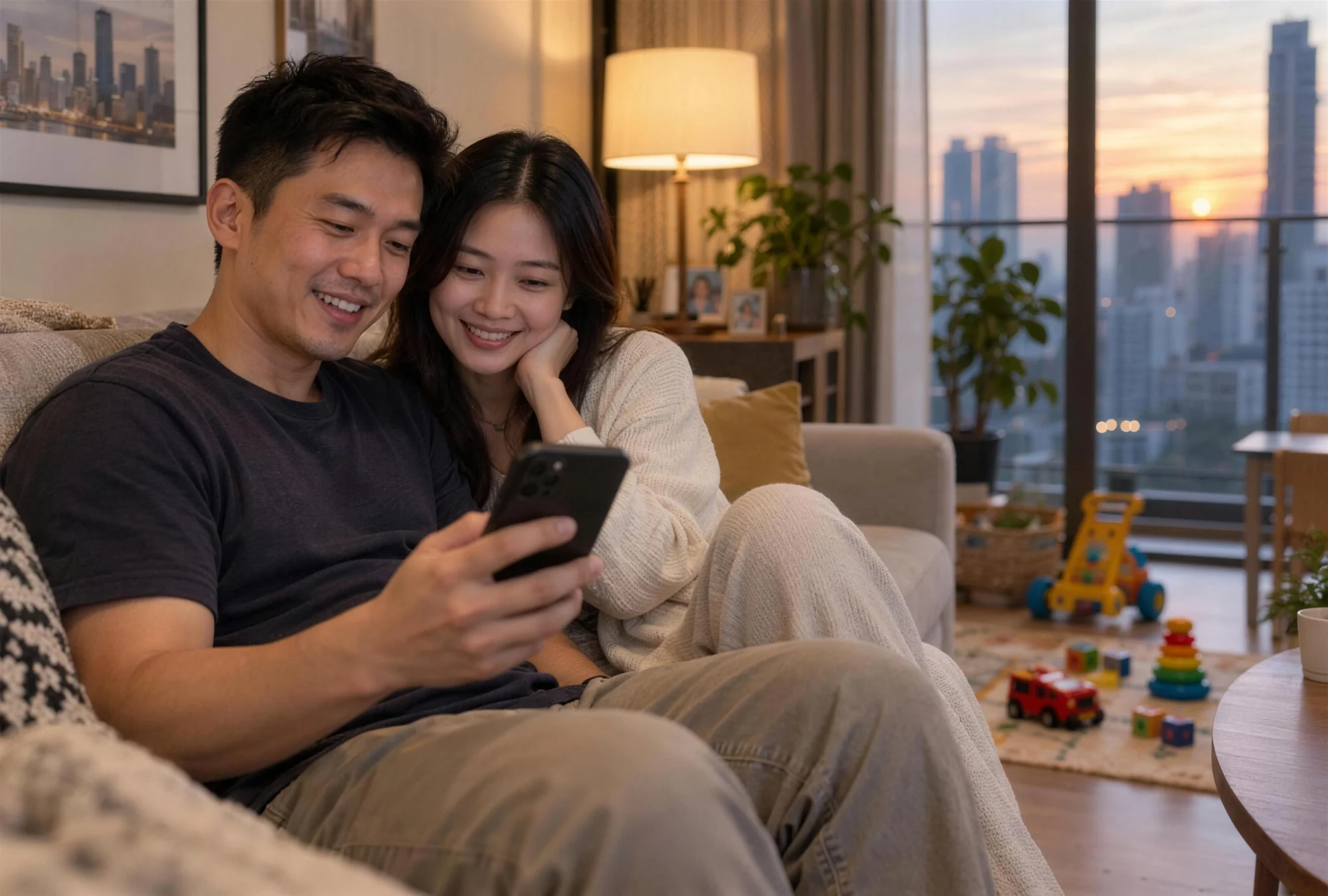 A young couple on the sofa at home looking at a phone together, relaxed and relieved