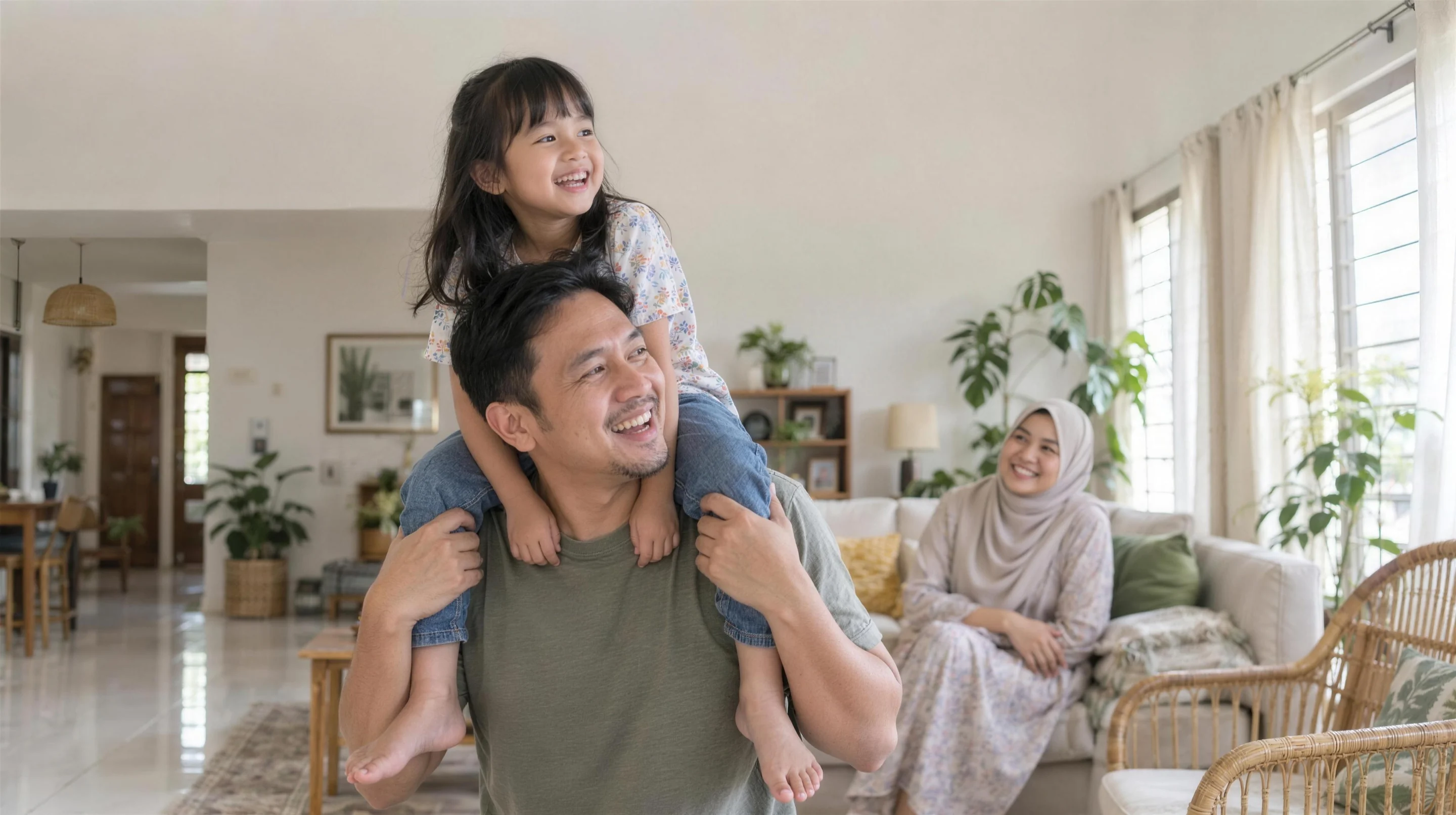 A father carrying his laughing daughter on his shoulders at home while his wife smiles from the sofa