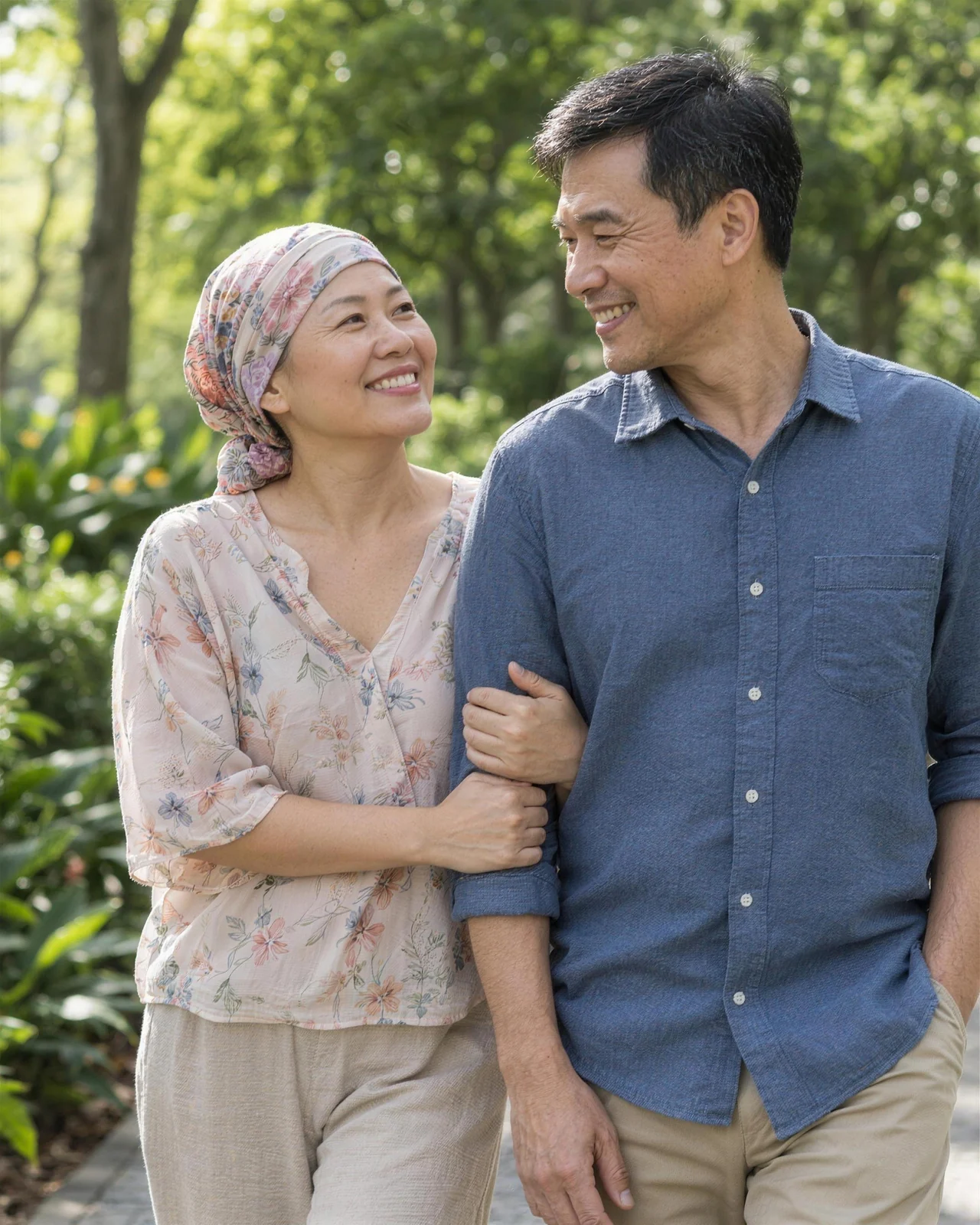A woman in a head wrap walking arm in arm with her husband in a park