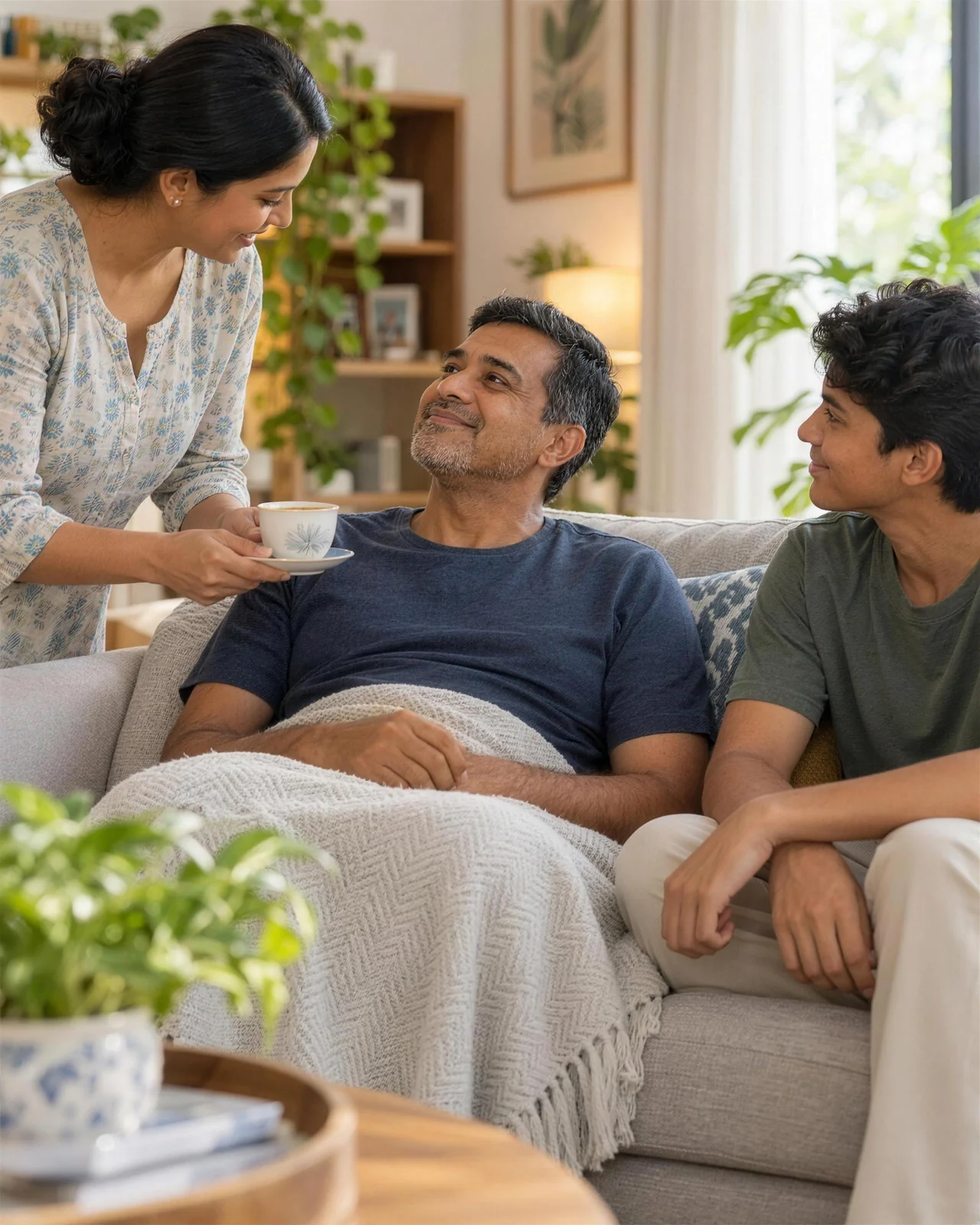A man resting at home under a blanket while his wife brings tea and his son sits with him