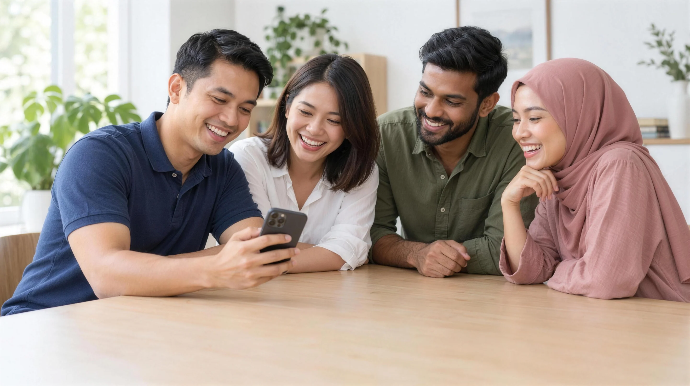 Malay, Chinese and Indian Malaysian friends sharing a laugh over a phone at home