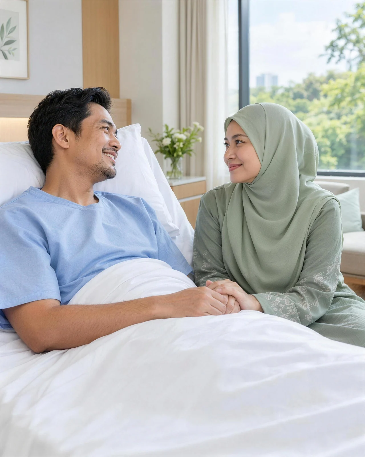 A man recovering in a hospital bed while his wife holds his hand