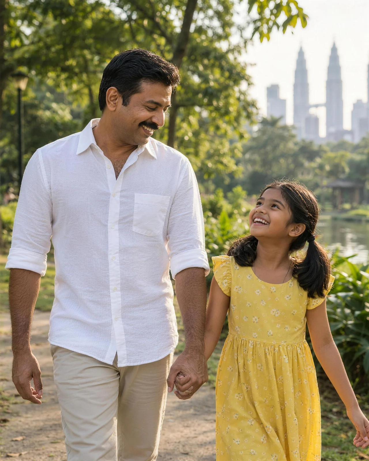 A father walking hand in hand with his daughter in a park