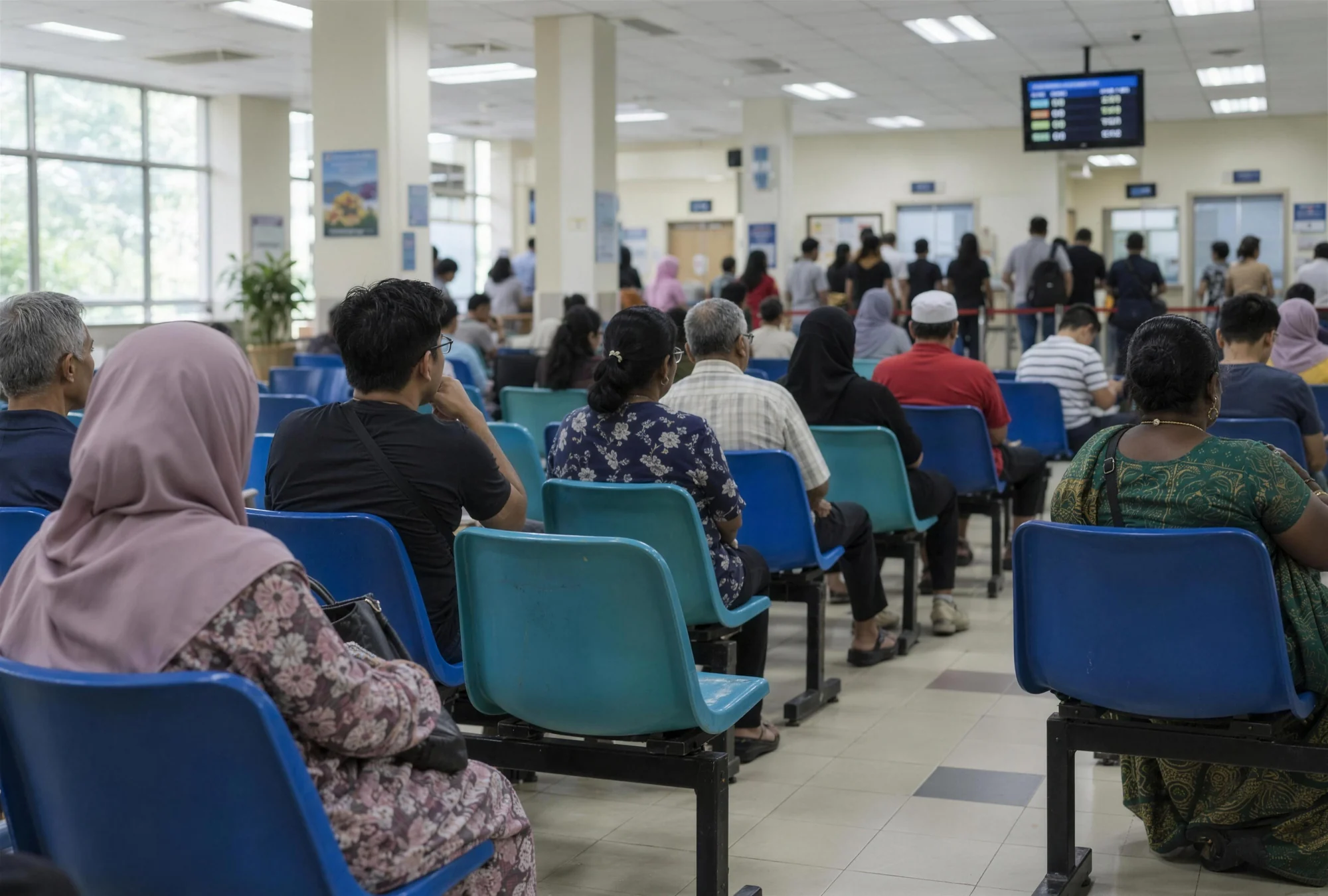 A busy public hospital waiting area with many patients seated in rows