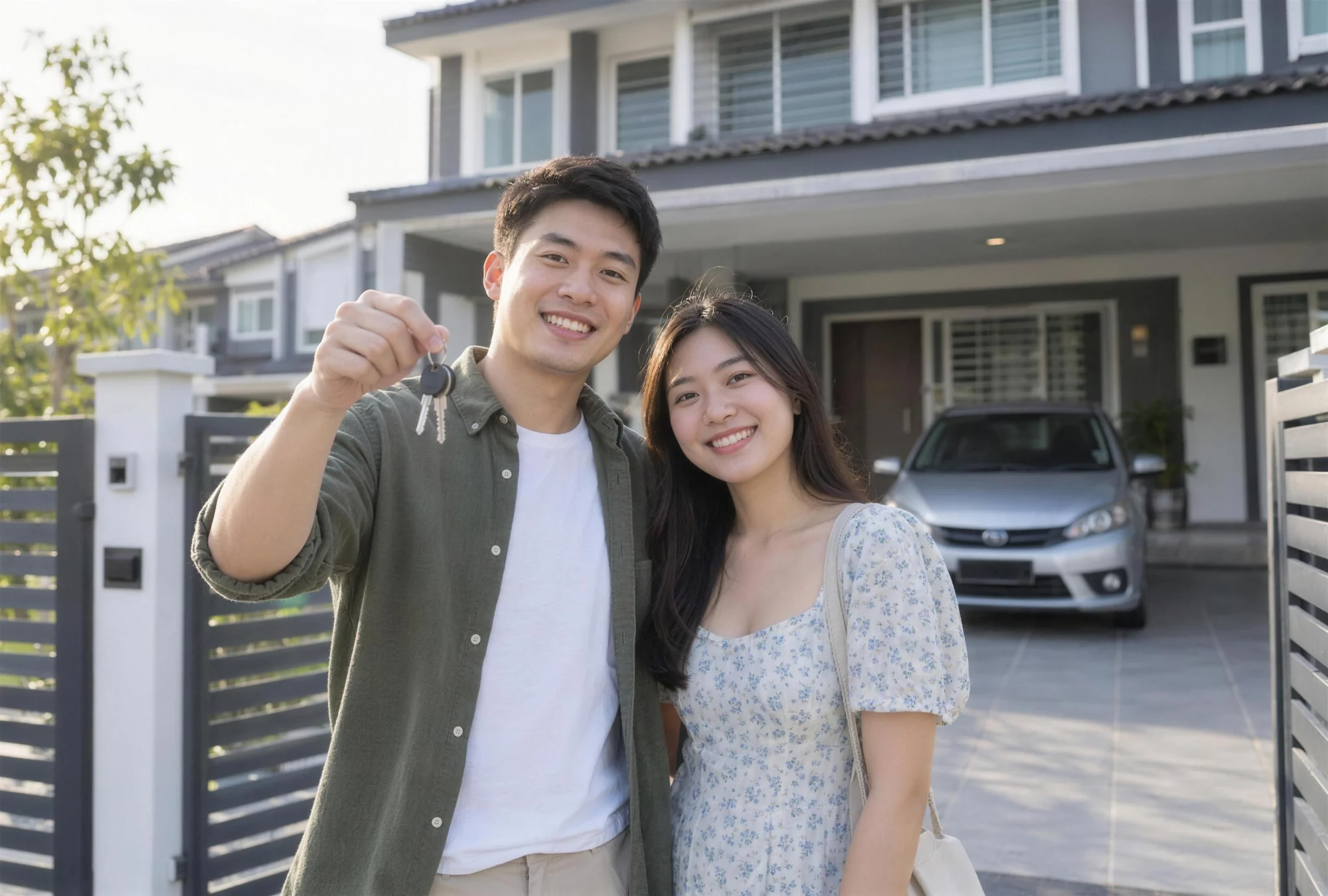 A young couple holding up house keys at the gate of their new terrace house, with a small car in the porch