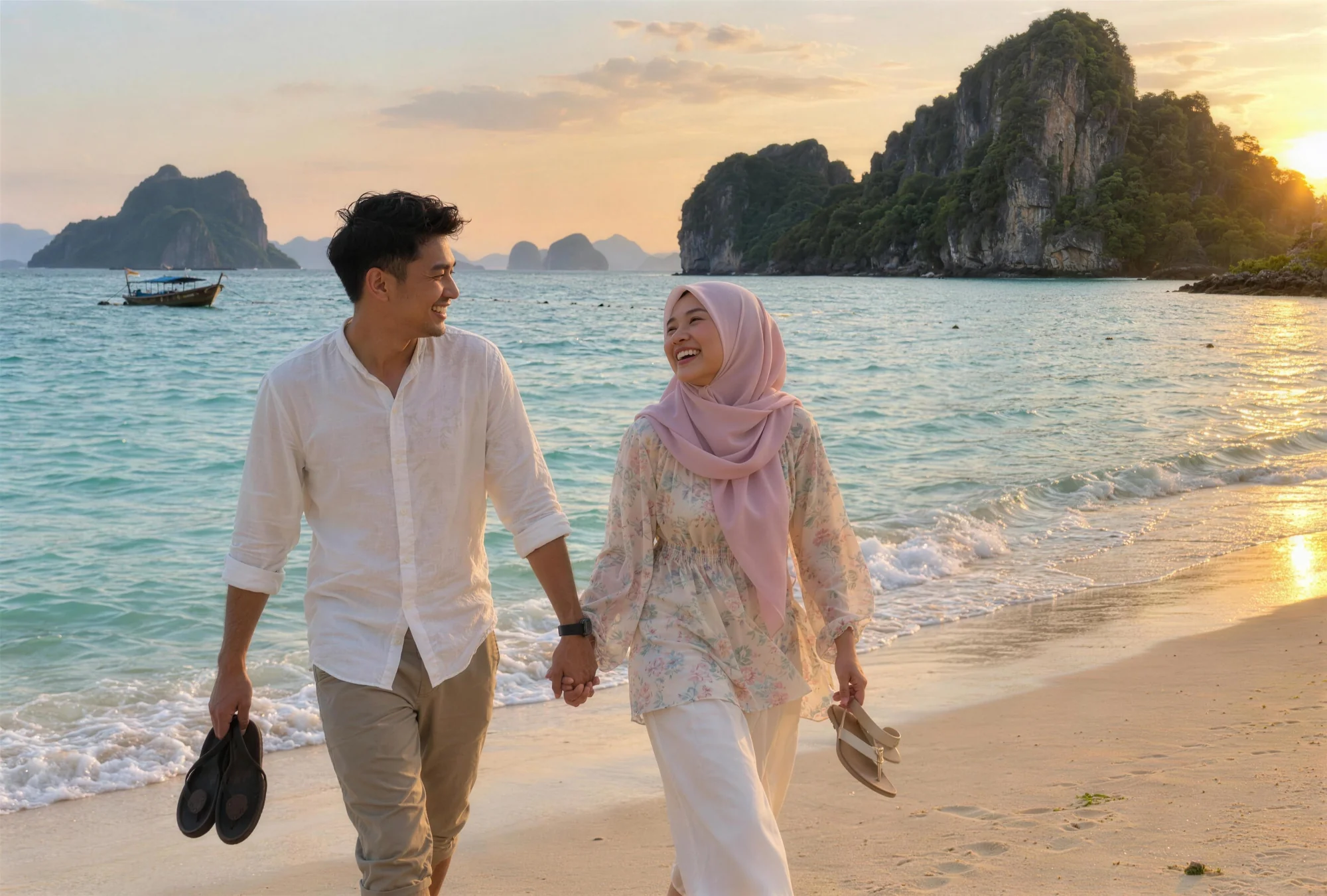 A young couple walking hand in hand on a quiet beach in Langkawi at golden hour