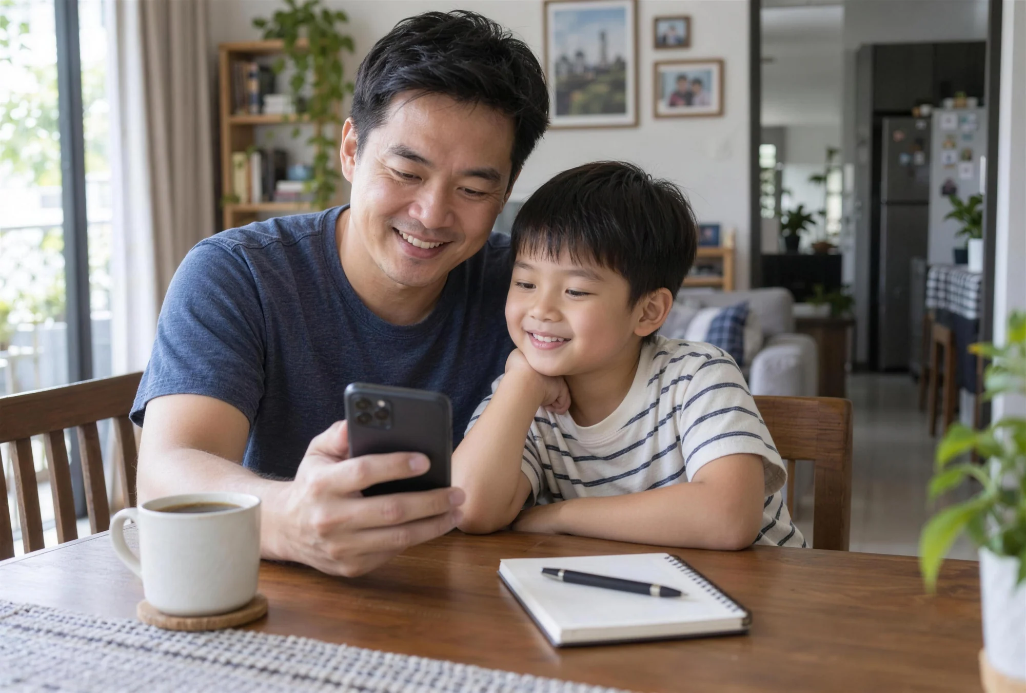 A father at the dining table smiling at his phone with his young son beside him