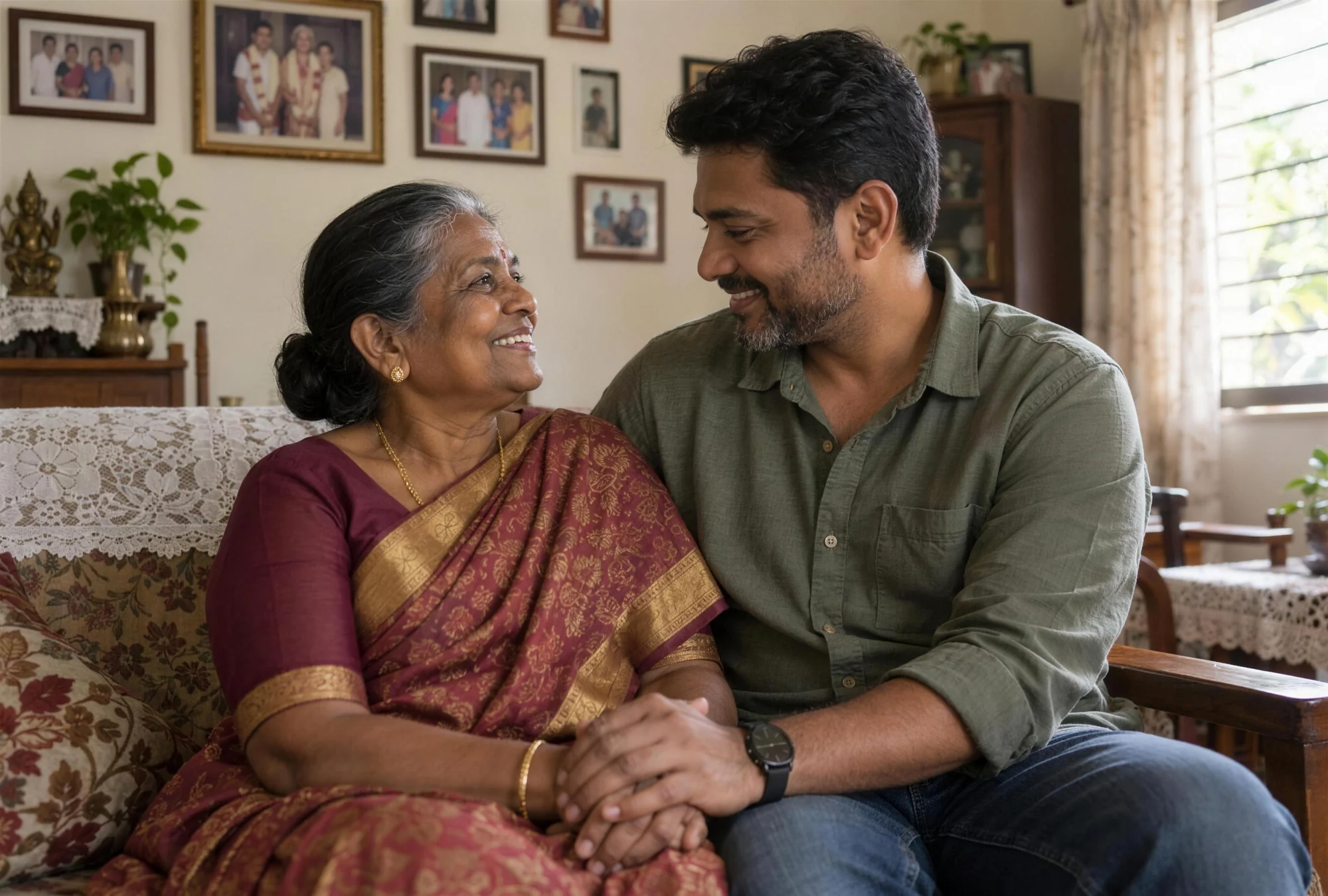 An elderly mother on the sofa holding her grown son’s hands, both smiling