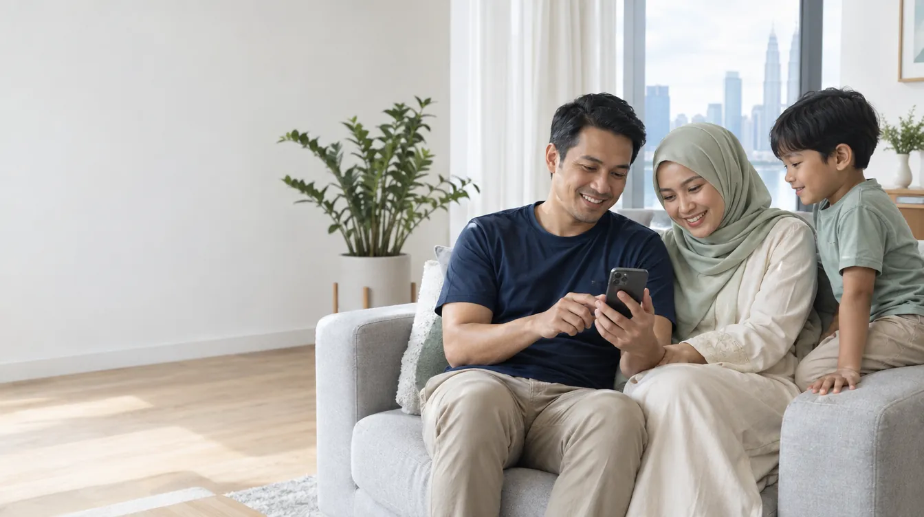 A Malaysian family on the sofa at home, looking at a phone together