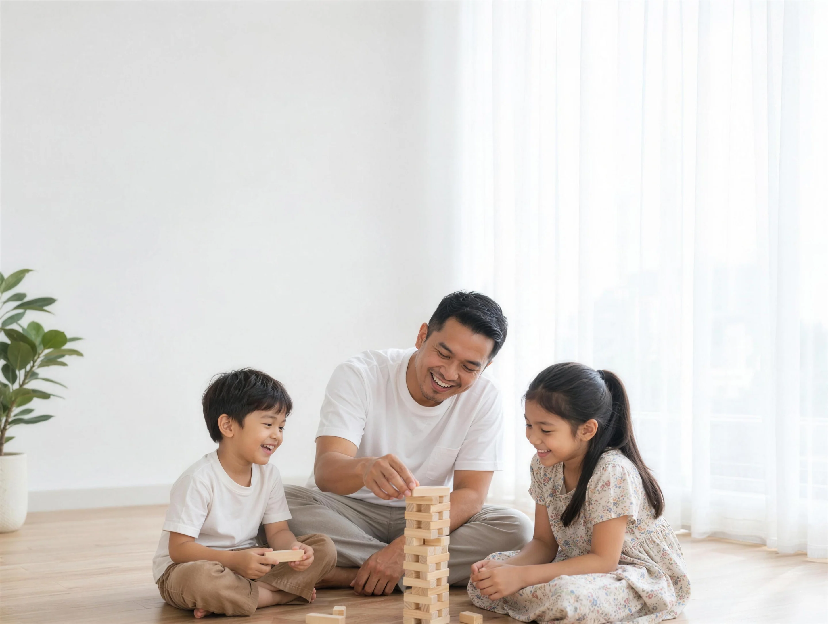 A father laughing as he builds a block tower with his young son and daughter at home
