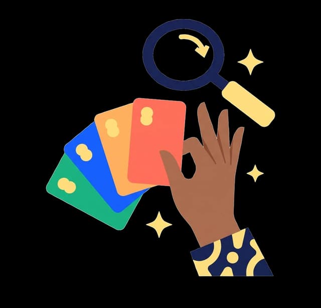 A hand picking one plan out of a fan of four insurance cards under a magnifying glass