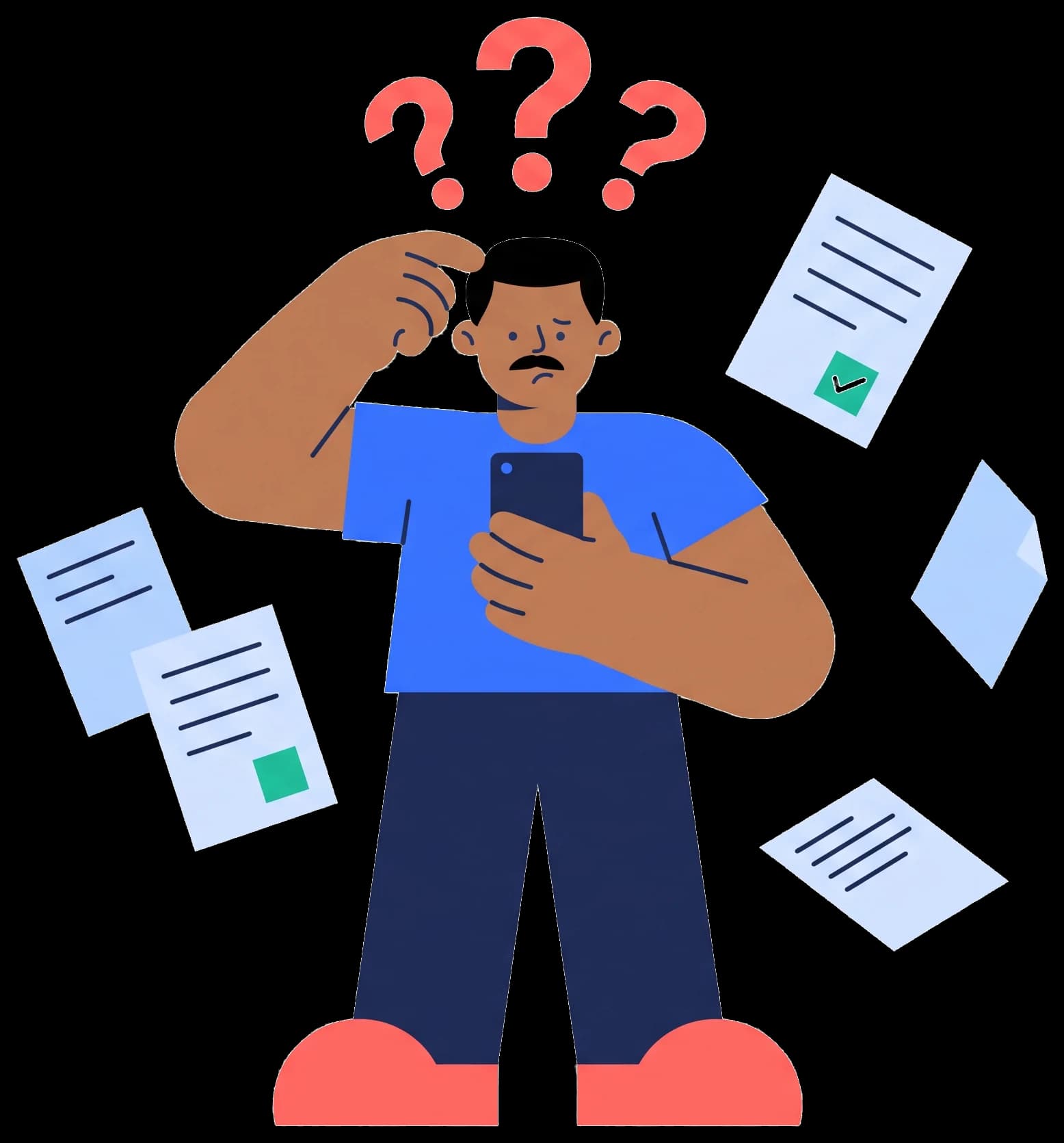 A man scratching his head with question marks above him, holding his phone while claim forms tumble around him