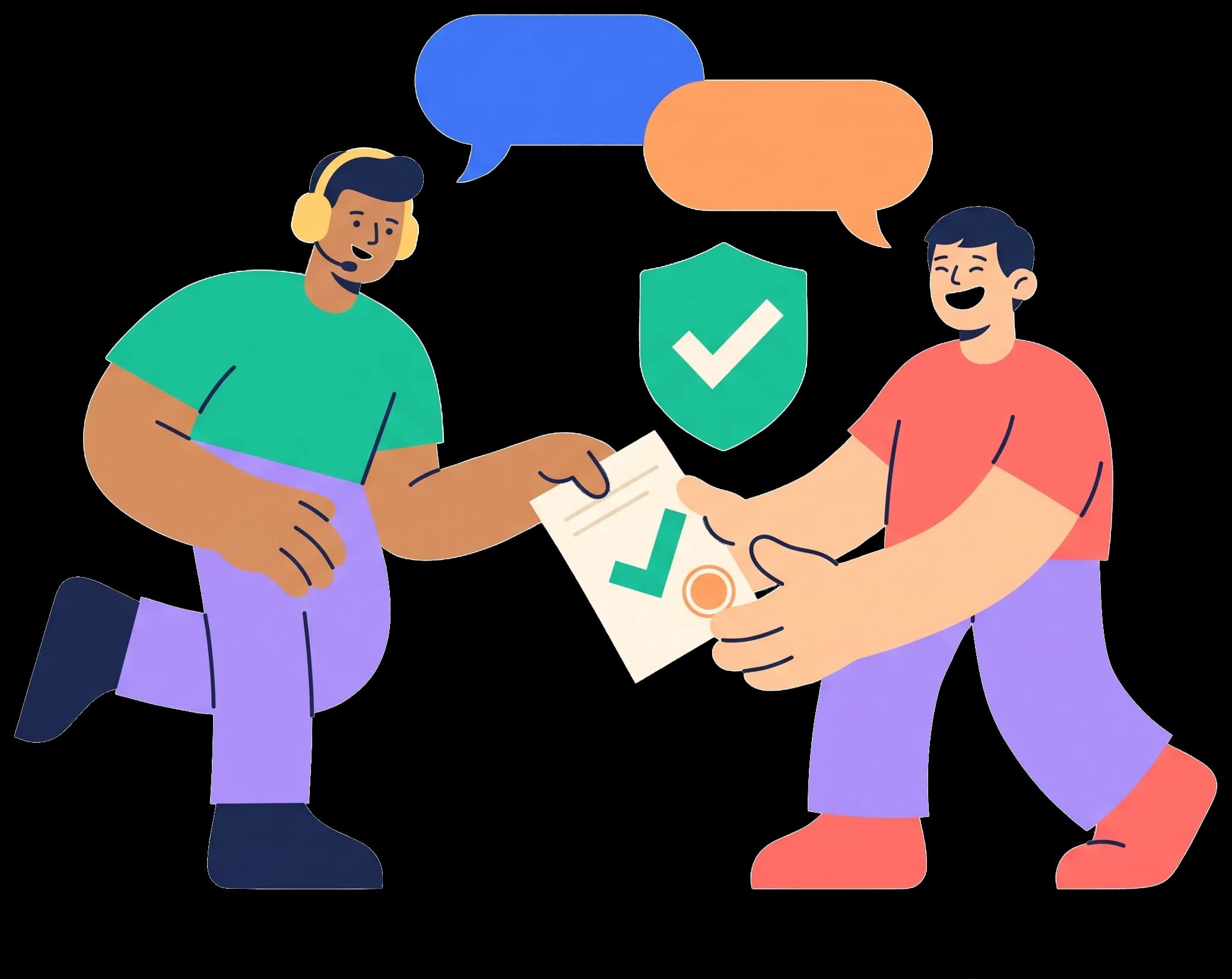 A helper wearing a headset hands a ticked claim form to a relieved man